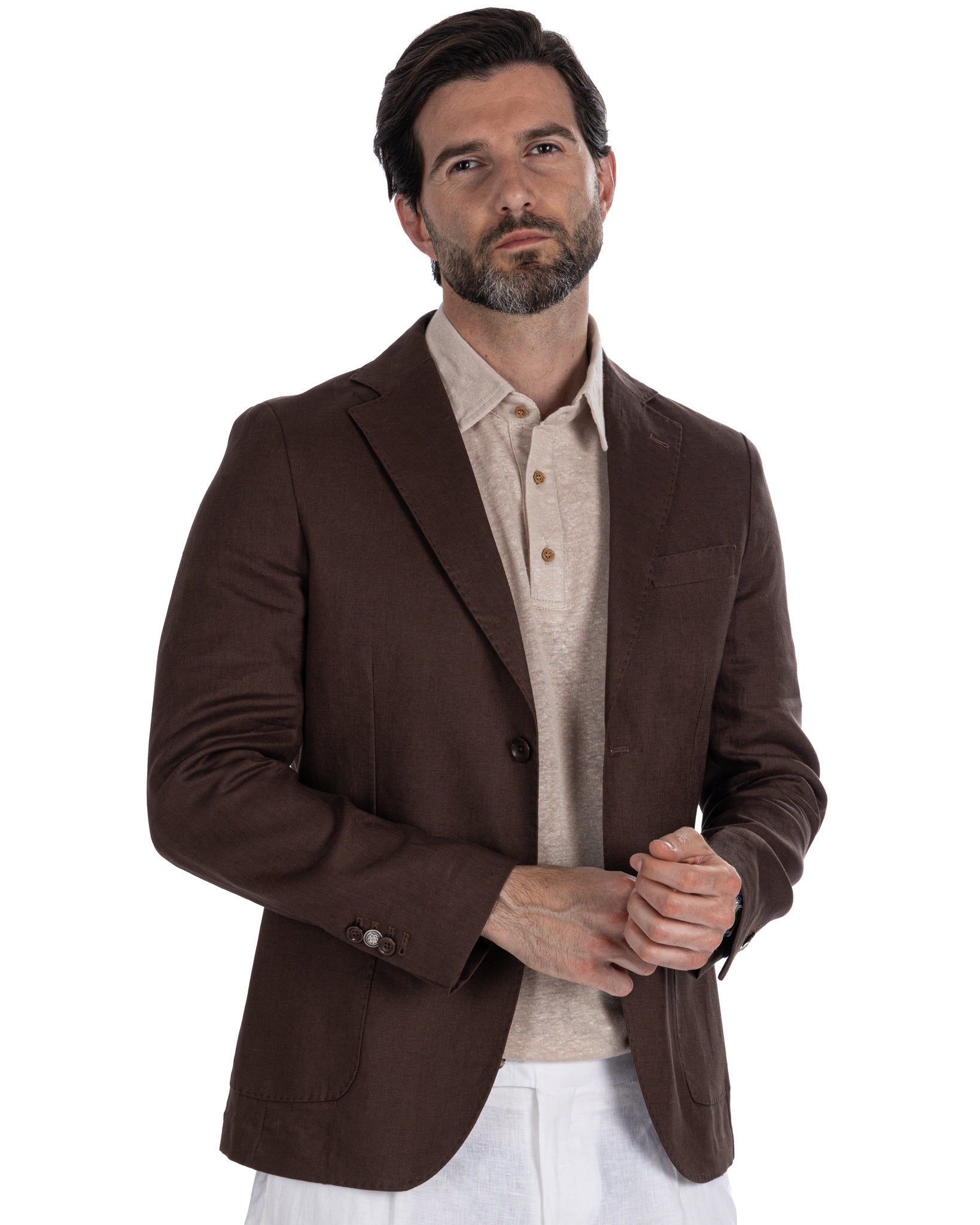 Narni - single-breasted jacket in pure dark brown linen