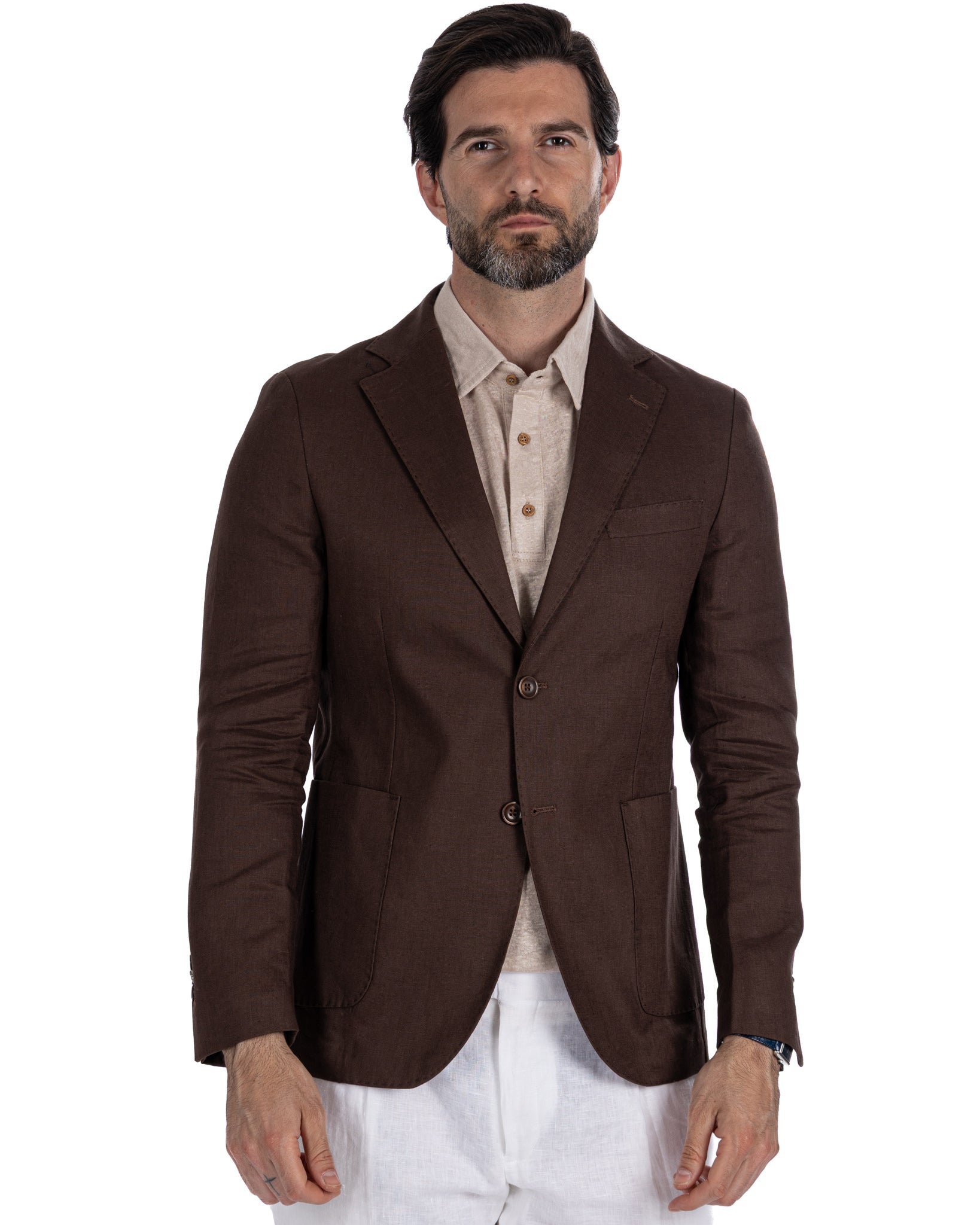 Narni - single-breasted jacket in pure dark brown linen