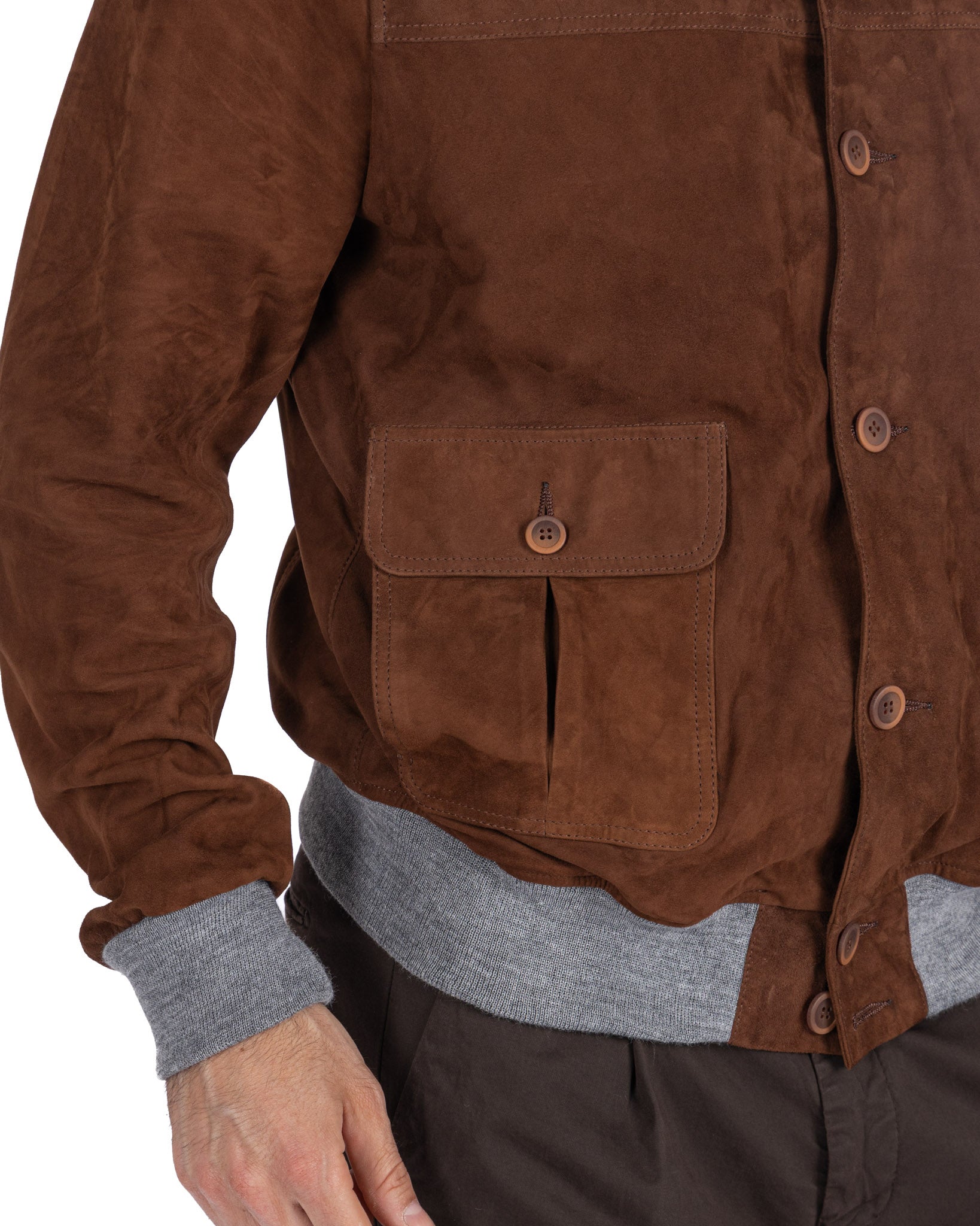 Bomber con bottoni scamosciato cammello