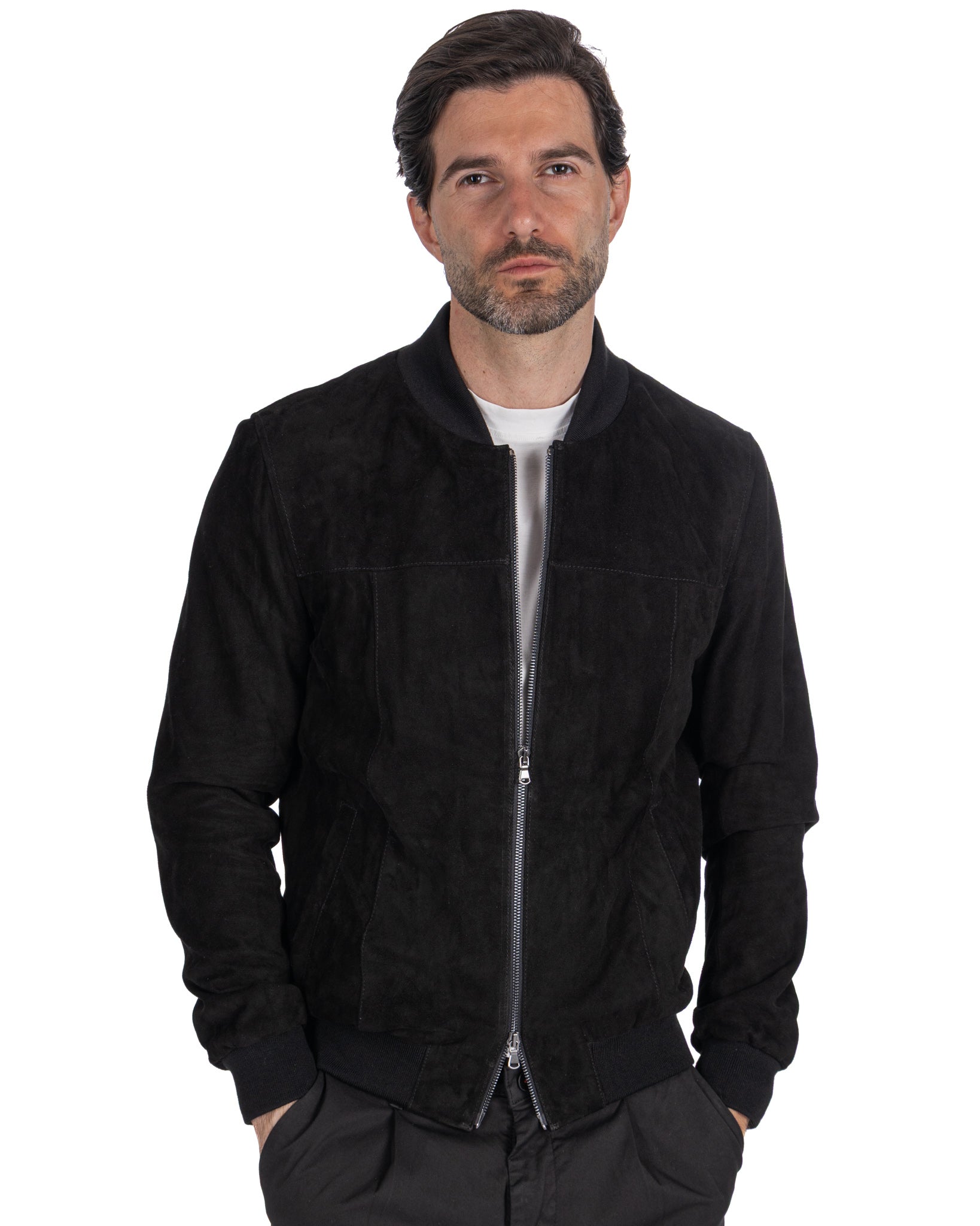 Bomber con zip scamosciato nero