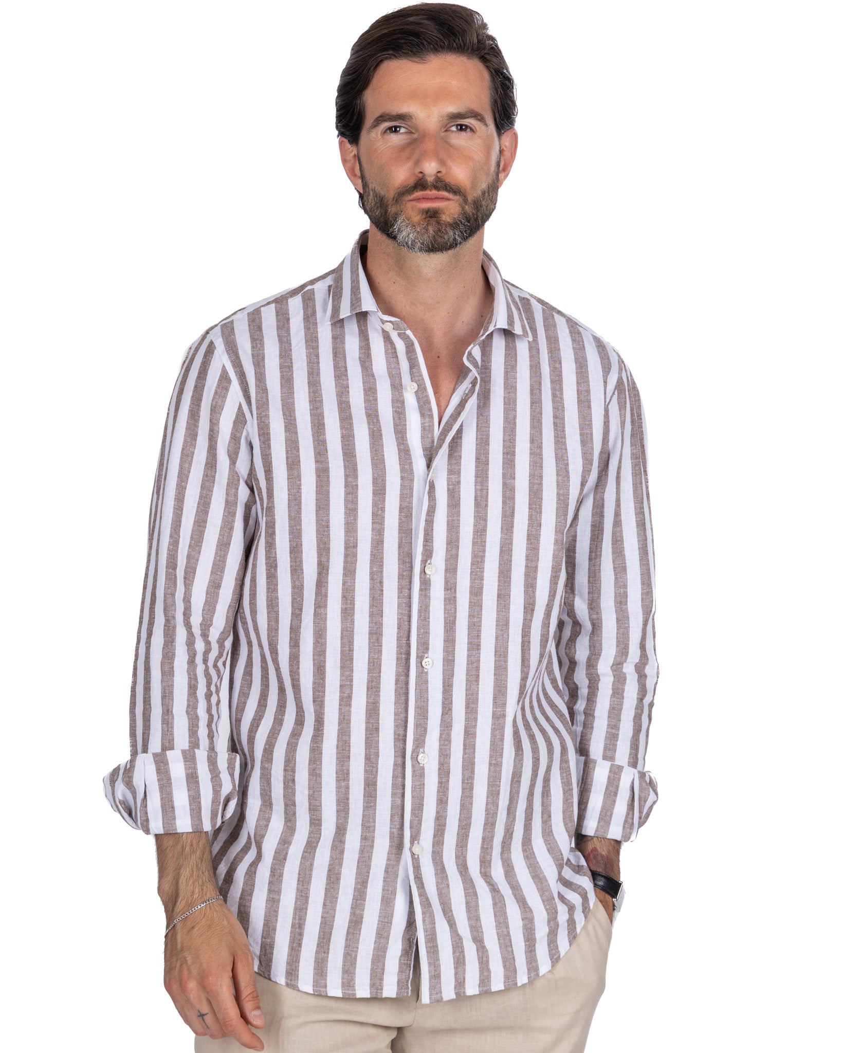 Eze - chemise en lin mélangé à rayures marron foncé