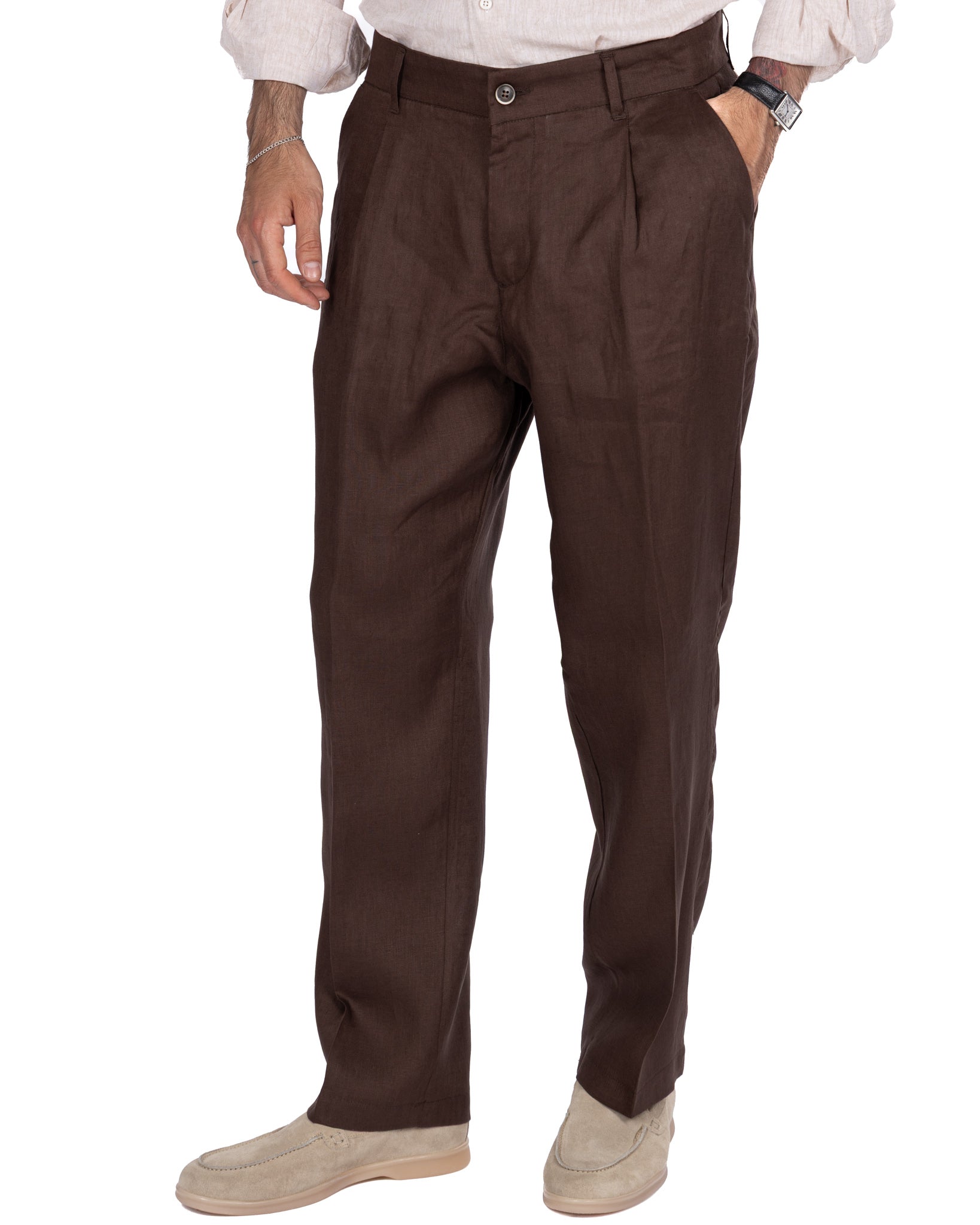 Lucas - pantalon large en pur lin foncé à plis