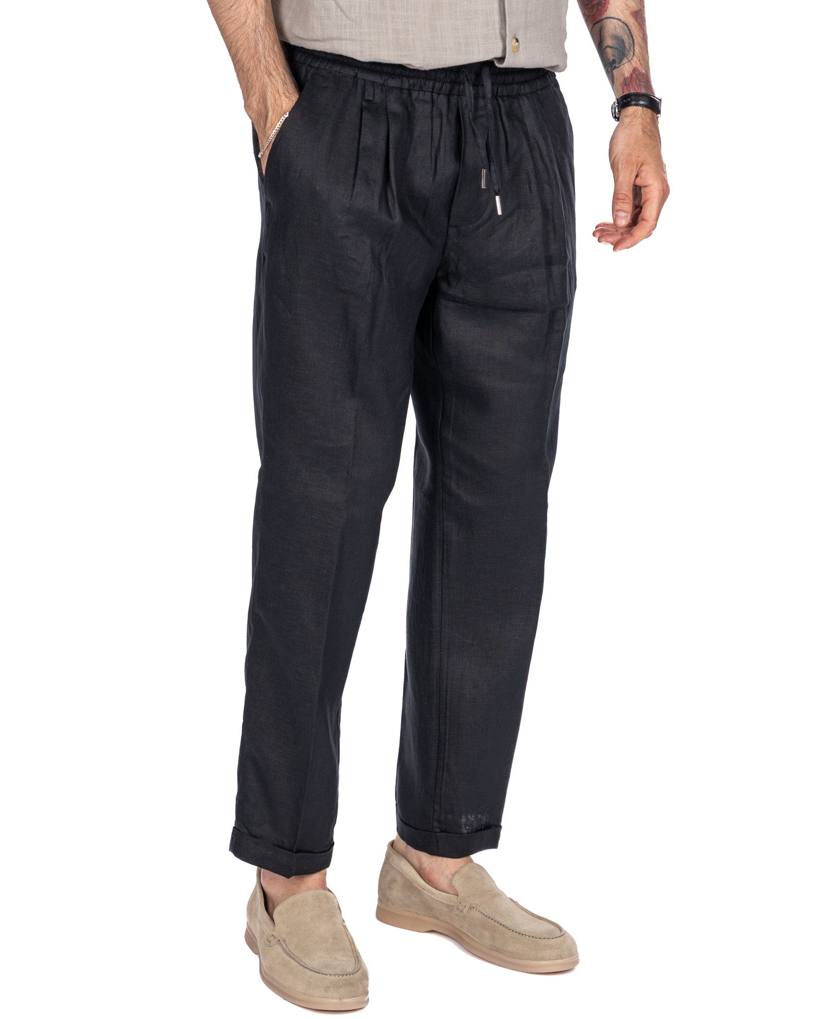 Cary - pantalaccio in puro lino nero
