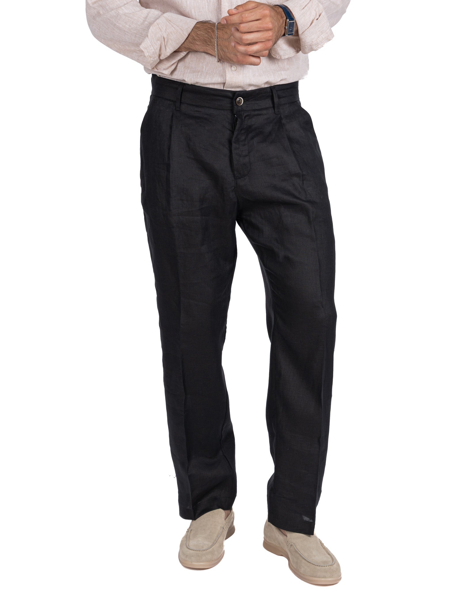 Lucas - pantalon large en pur lin noir à plis