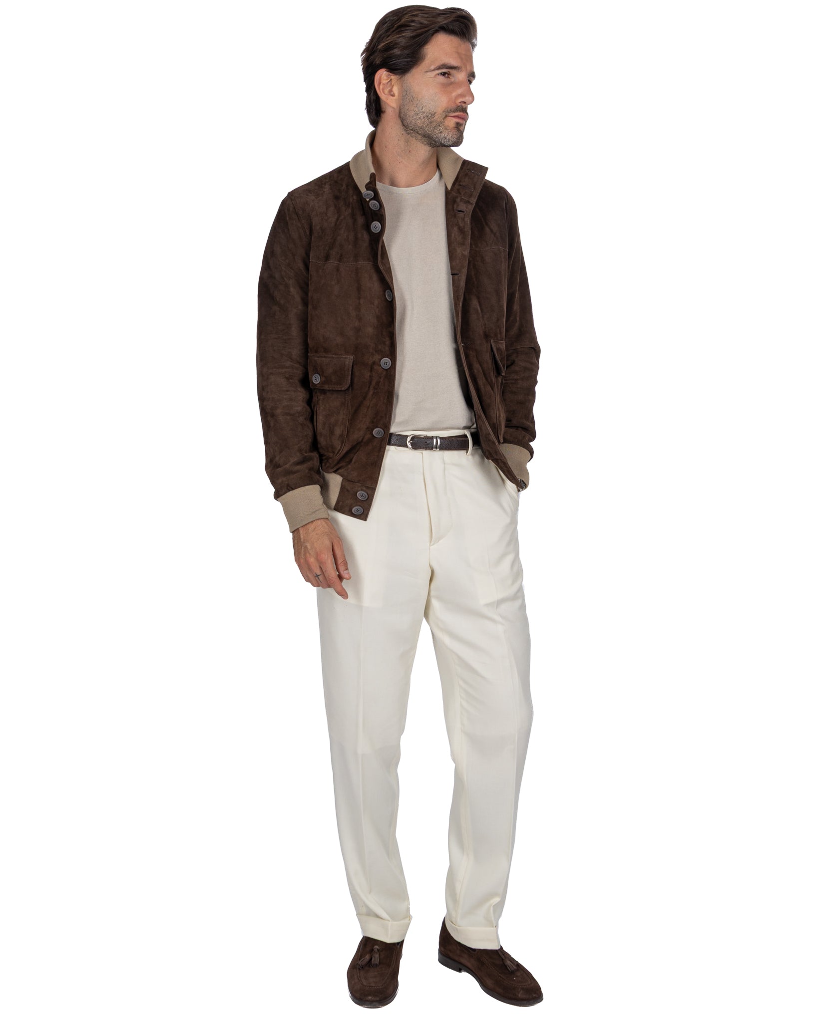 Blouson aviateur boutonné en daim marron foncé