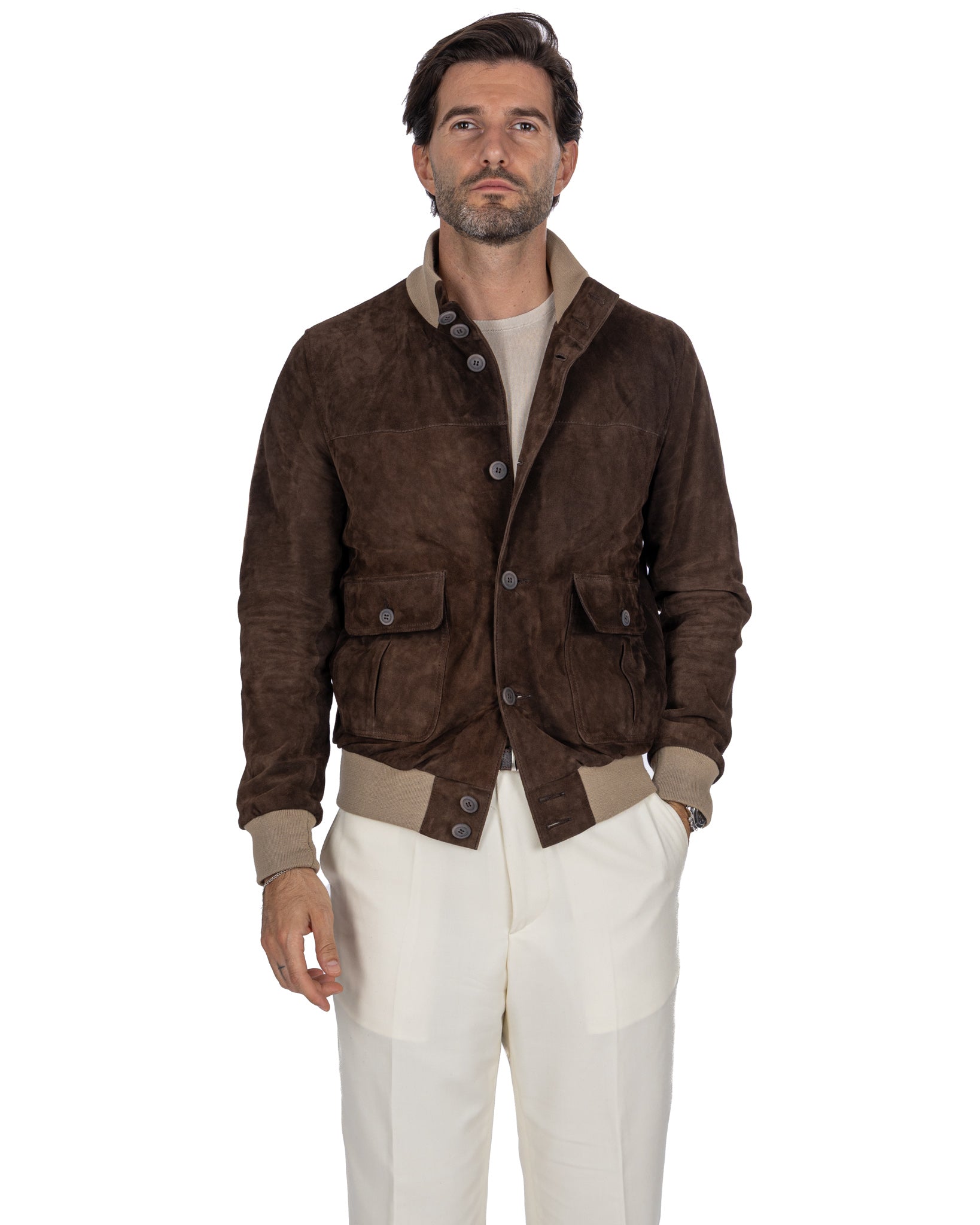 Blouson aviateur boutonné en daim marron foncé