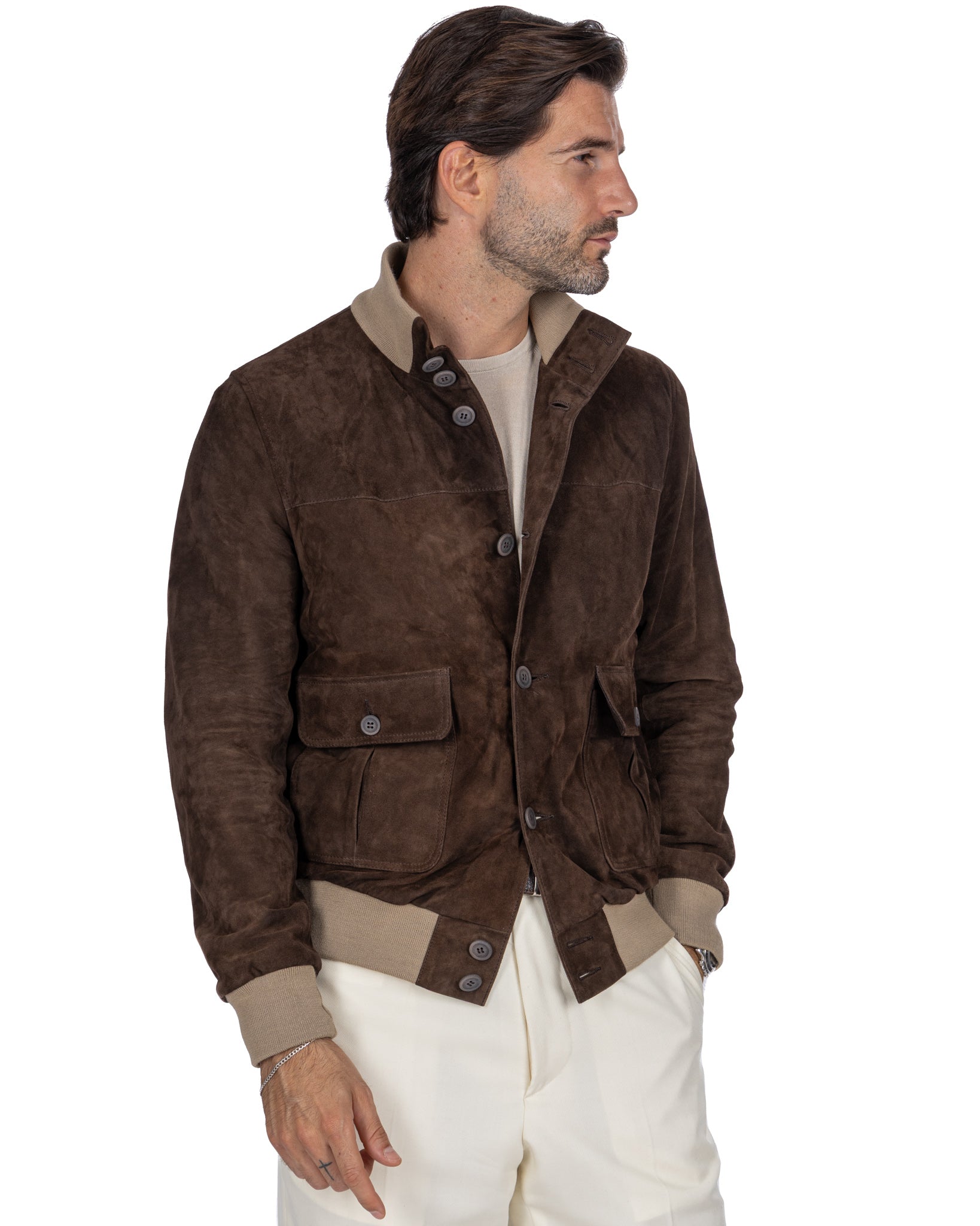 Blouson aviateur boutonné en daim marron foncé