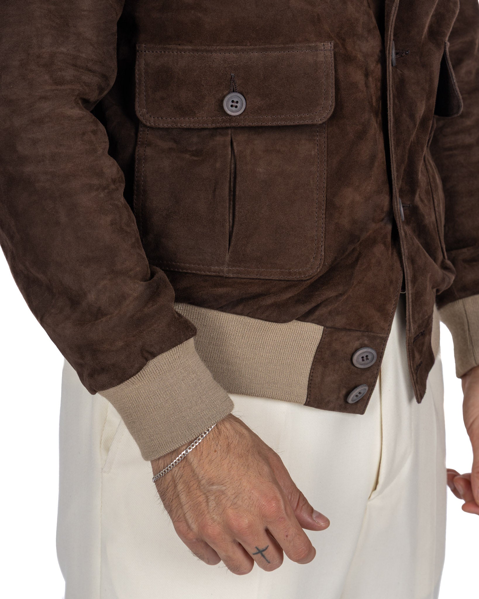 Blouson aviateur boutonné en daim marron foncé