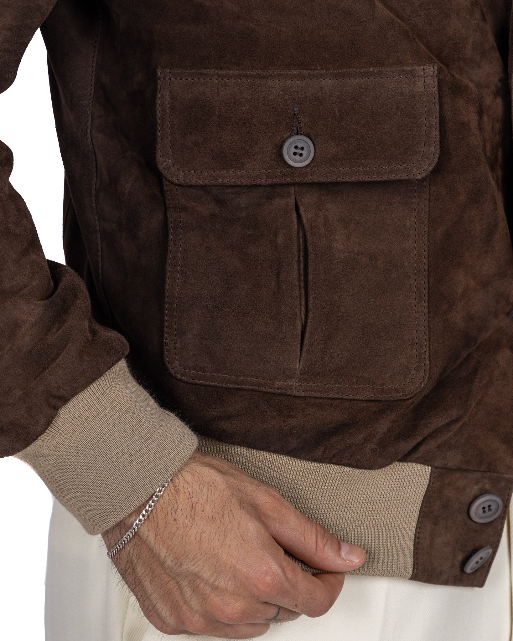 Blouson aviateur boutonné en daim marron foncé