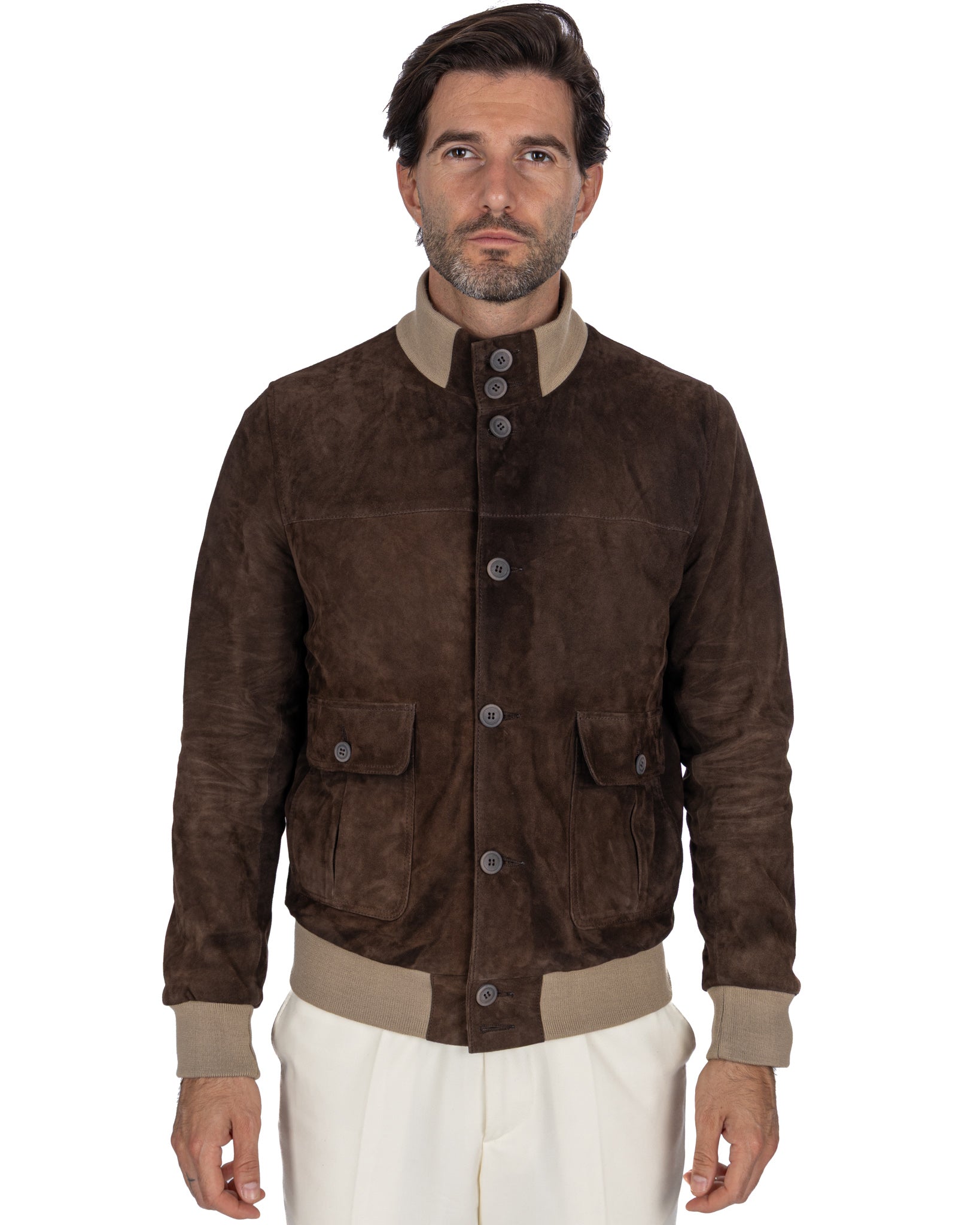 Blouson aviateur boutonné en daim marron foncé