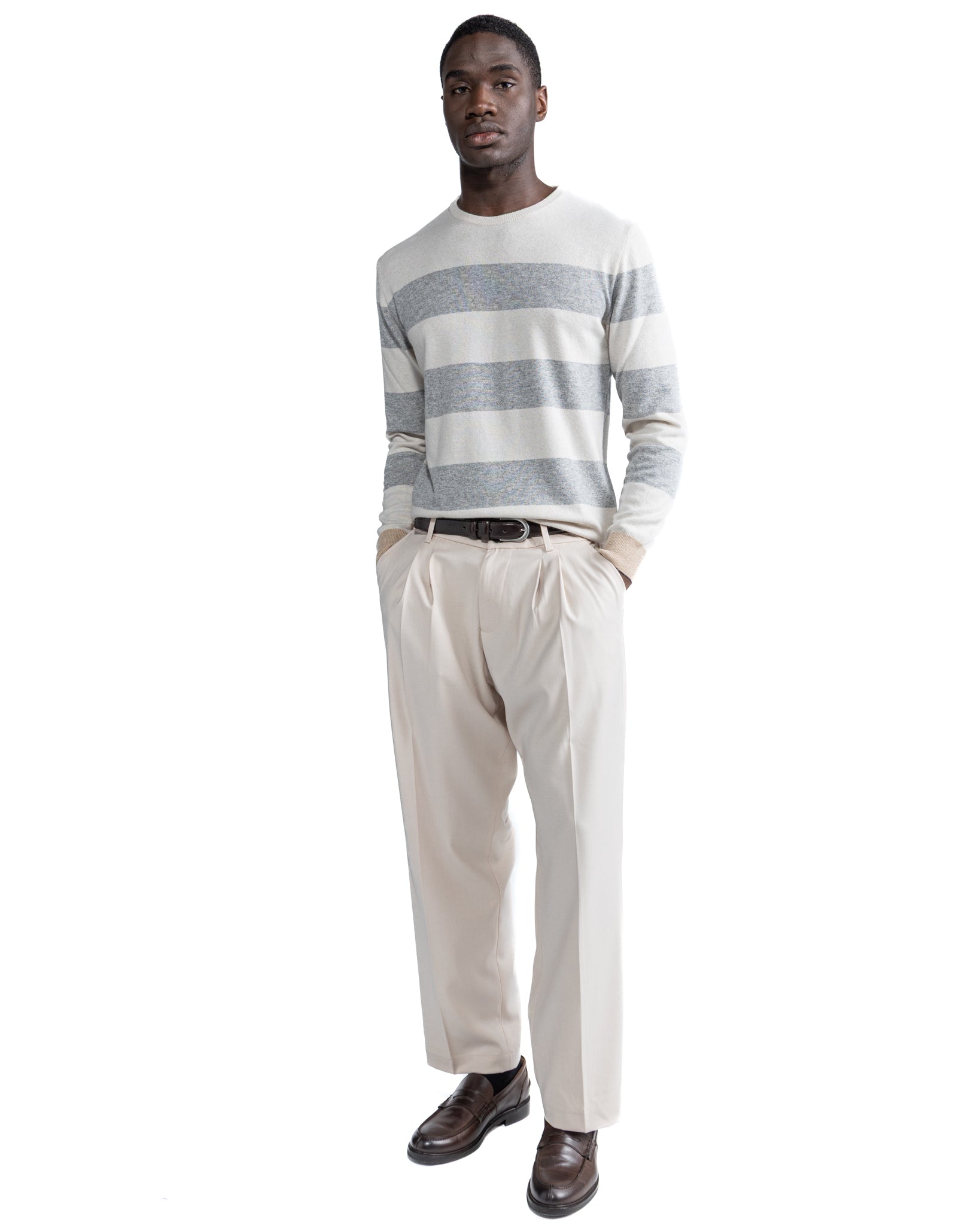 Girocollo Lens a righe in misto cachemire grigio