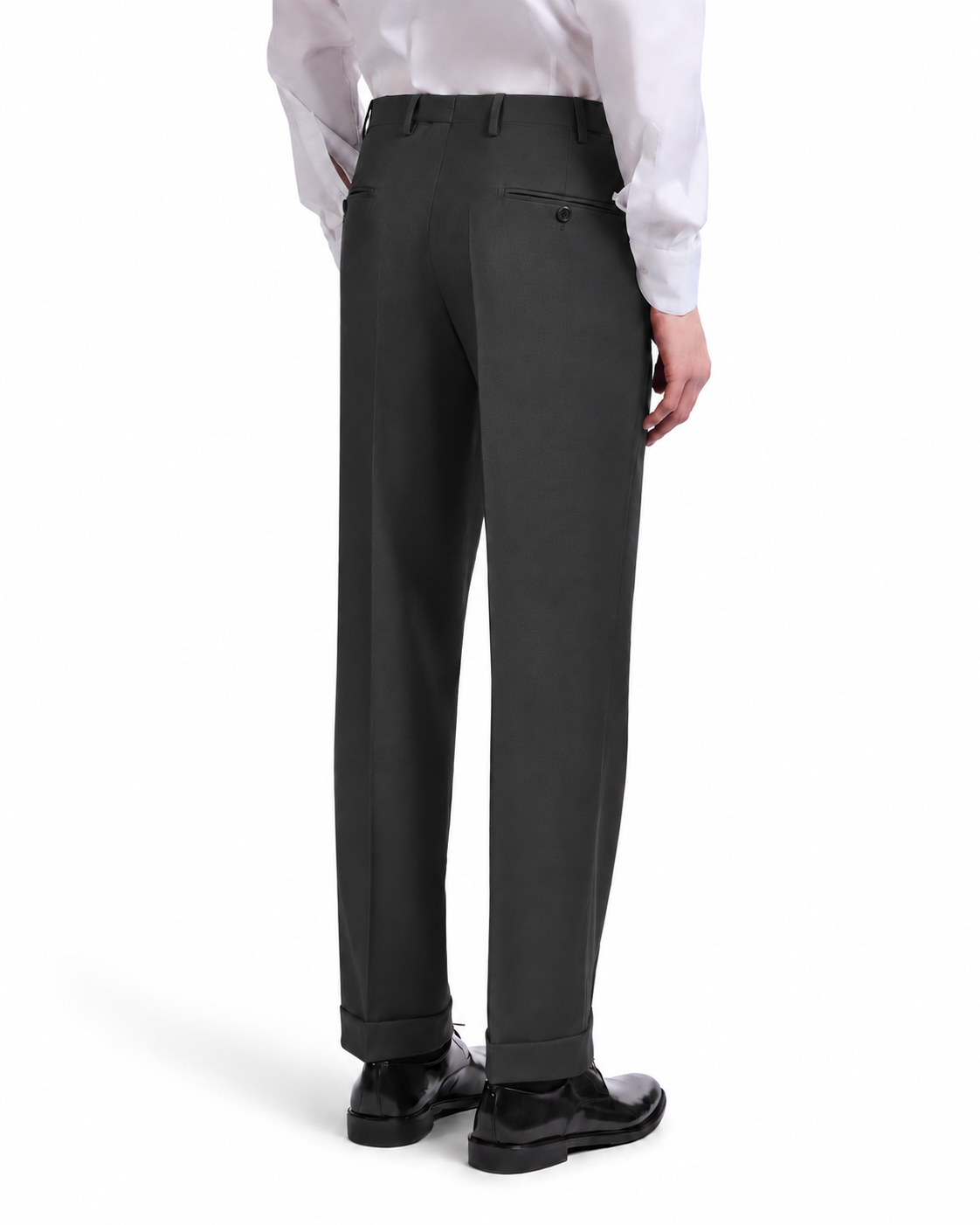 Gray tailored trousers in a sleek, modern fit, featuring a smooth fabric and classic double back pockets.