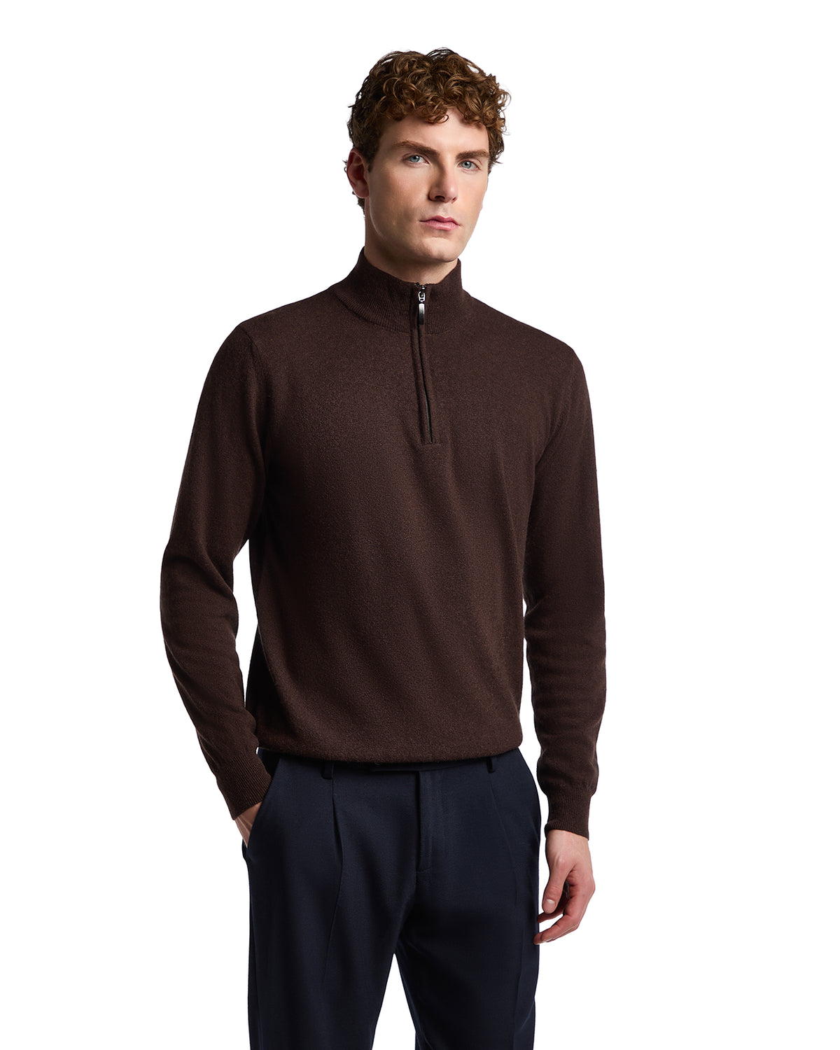 Jersey de cuello alto con cremallera Rory en mezcla de cachemira marrón oscuro