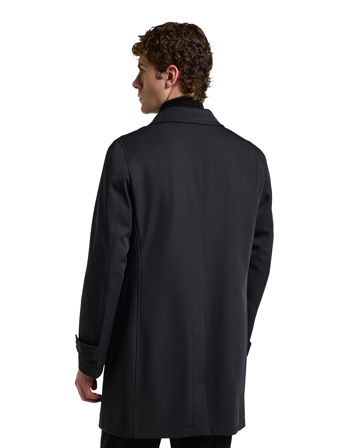 Men's black wool blend overcoat, tailored fit, sleek design, featuring a classic collar and single back vent.
