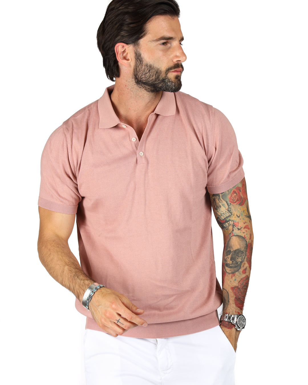 ROGER - POLO EN MAILLE ROSE POUDRE