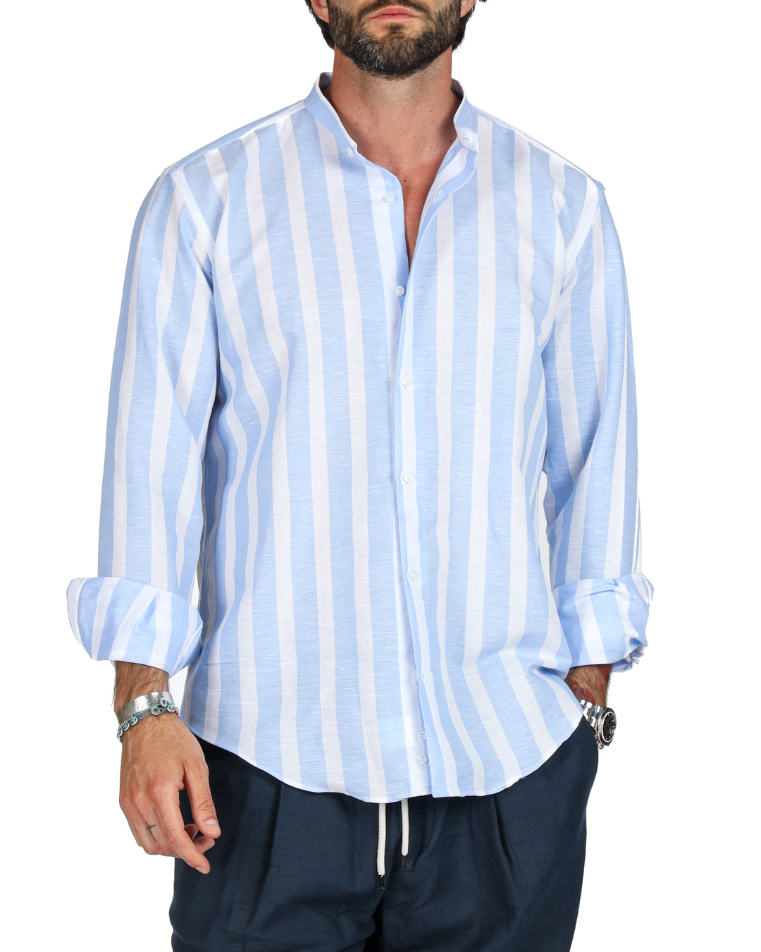 Amalfi - Korean shirt with maxi stripes in light blue