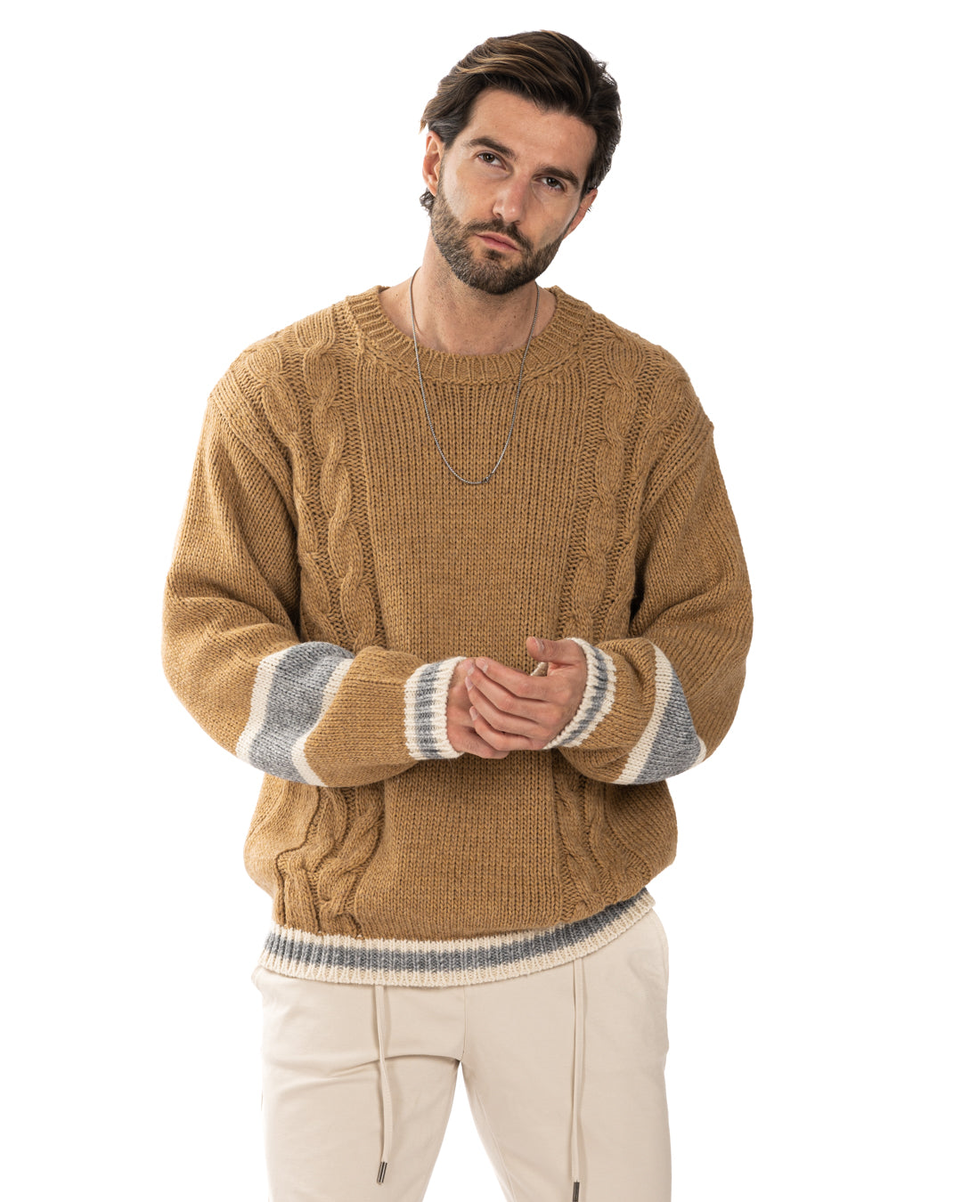 Edam - maglione cammello con trecce laterali