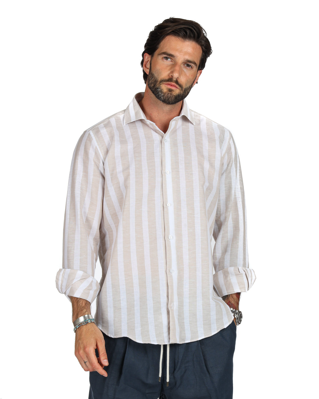 Amalfi - La chemise maxi rayures beige classique