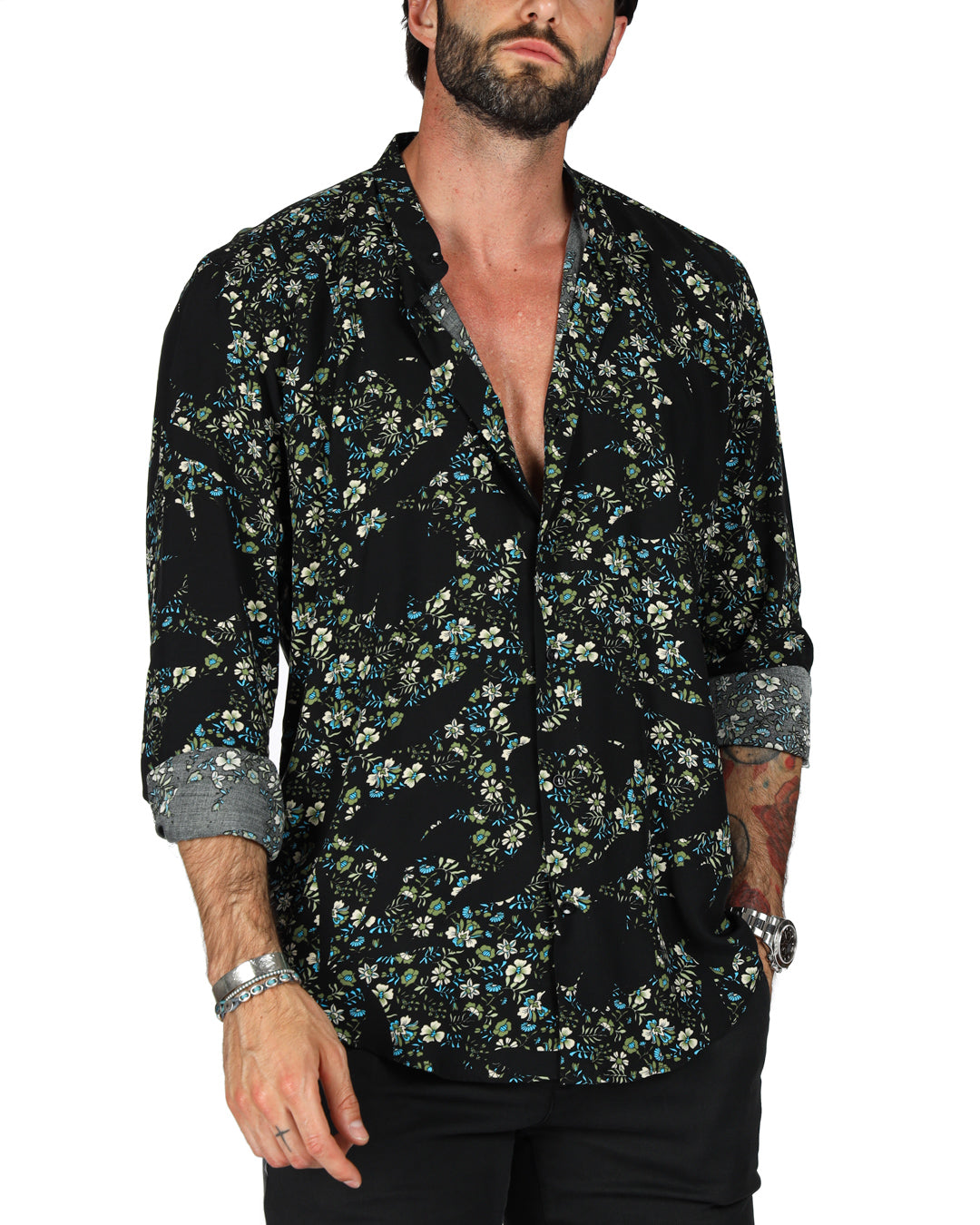 Aruba - Camicia coreana fantasia floreale blu