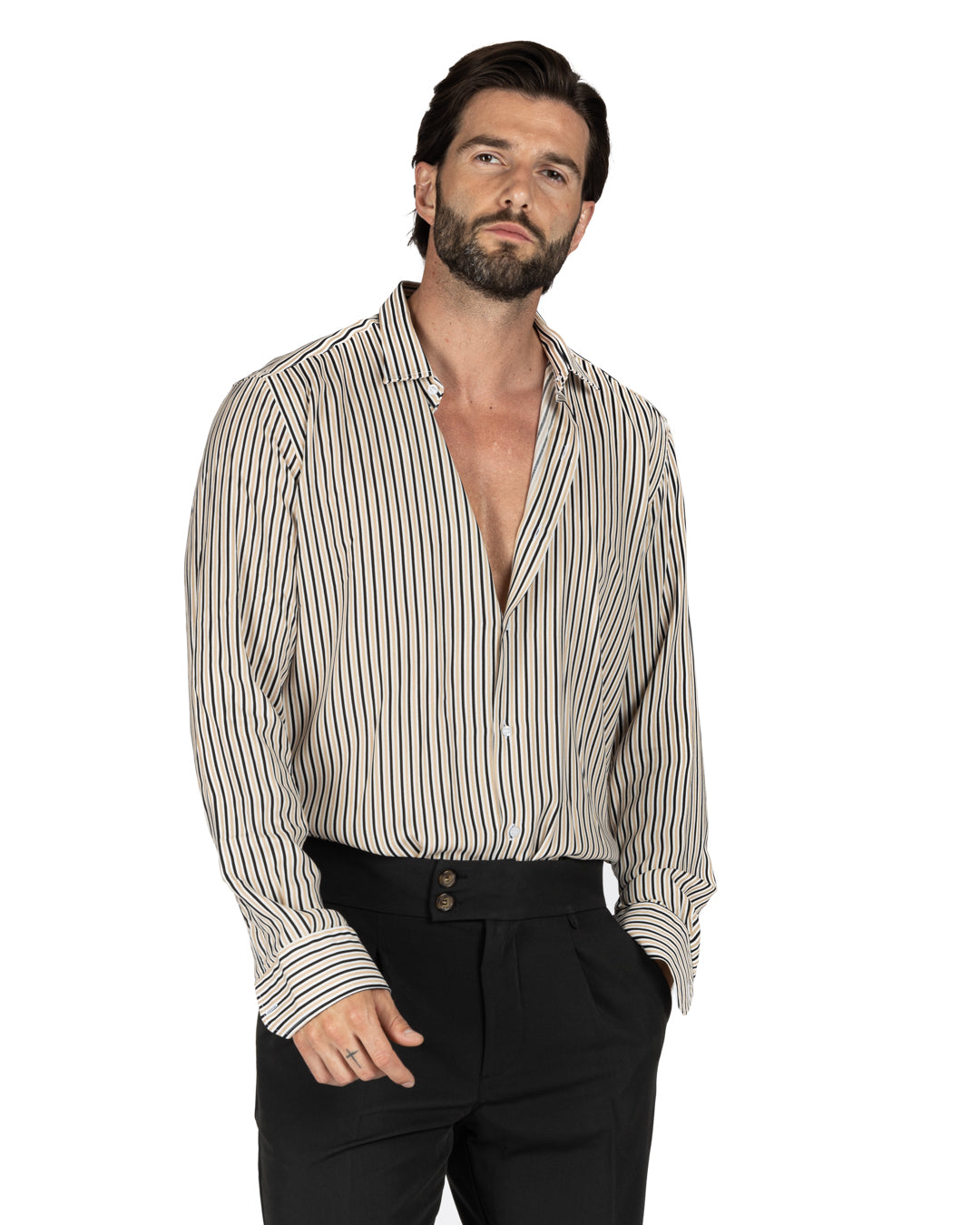 Barbuda - Camicia classica fantasia a righe beige