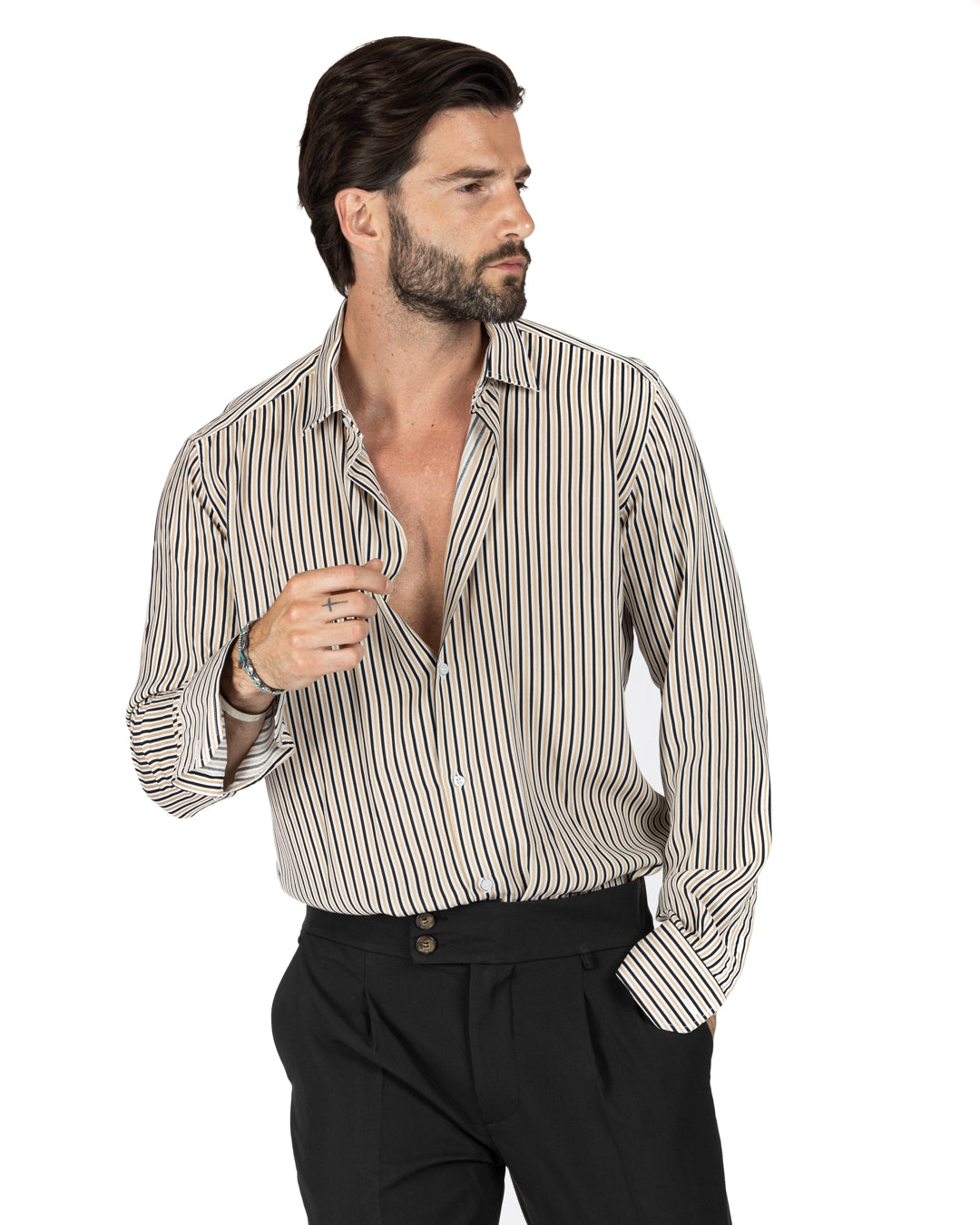 Barbuda - Camicia classica fantasia a righe beige