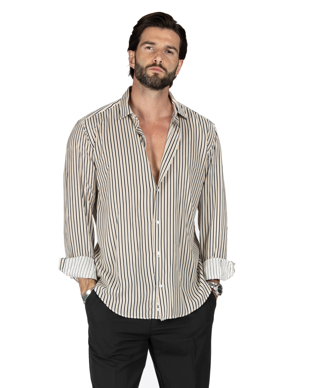 Barbuda - Camicia classica fantasia a righe beige