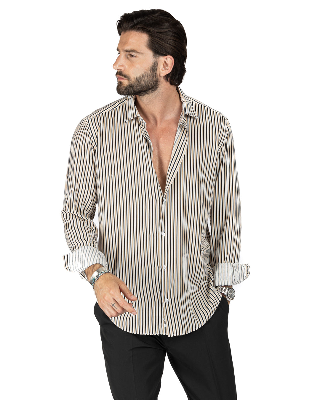 Barbuda - Camicia classica fantasia a righe beige