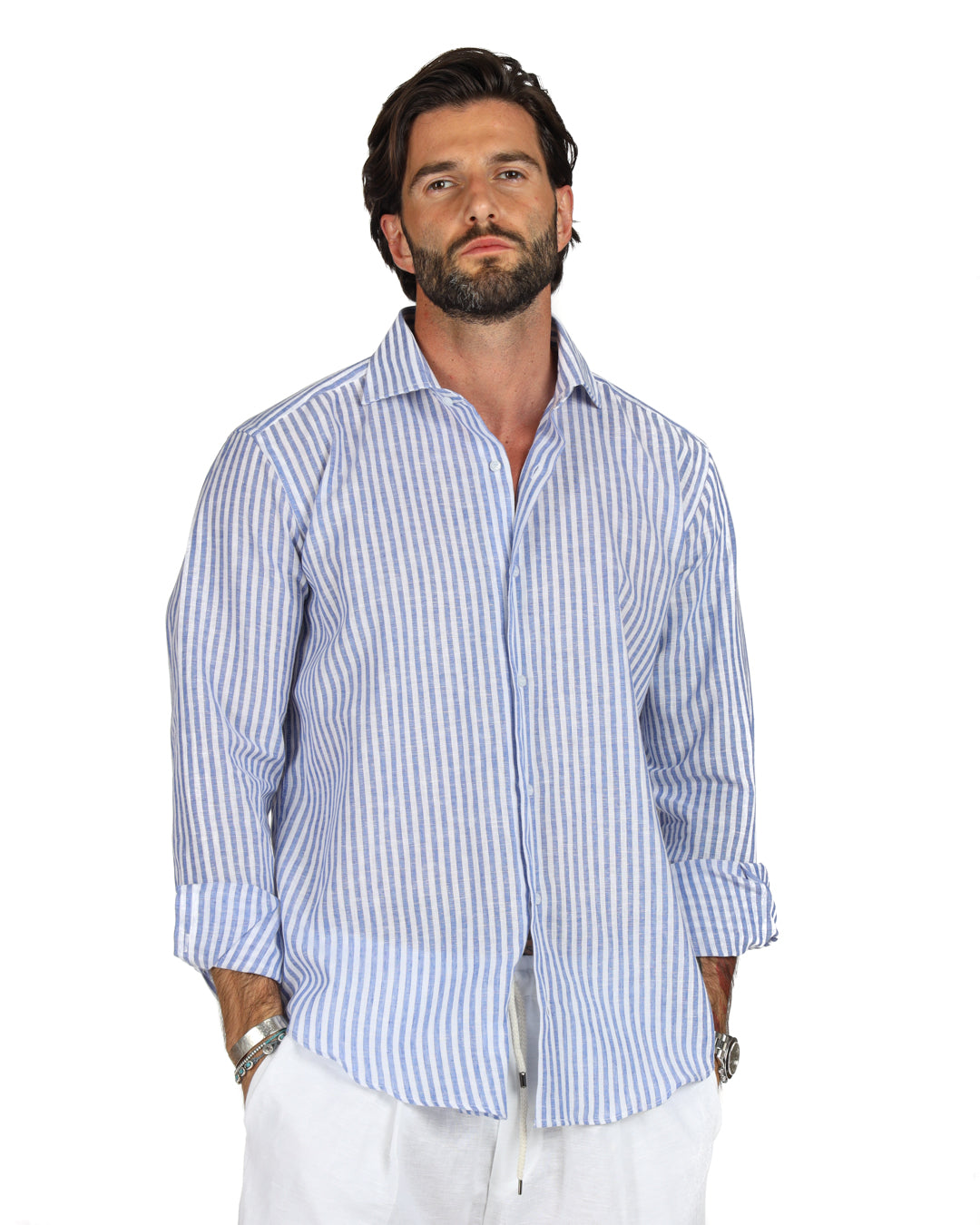 Ischia - Camicia classica righe strette azzurre in lino