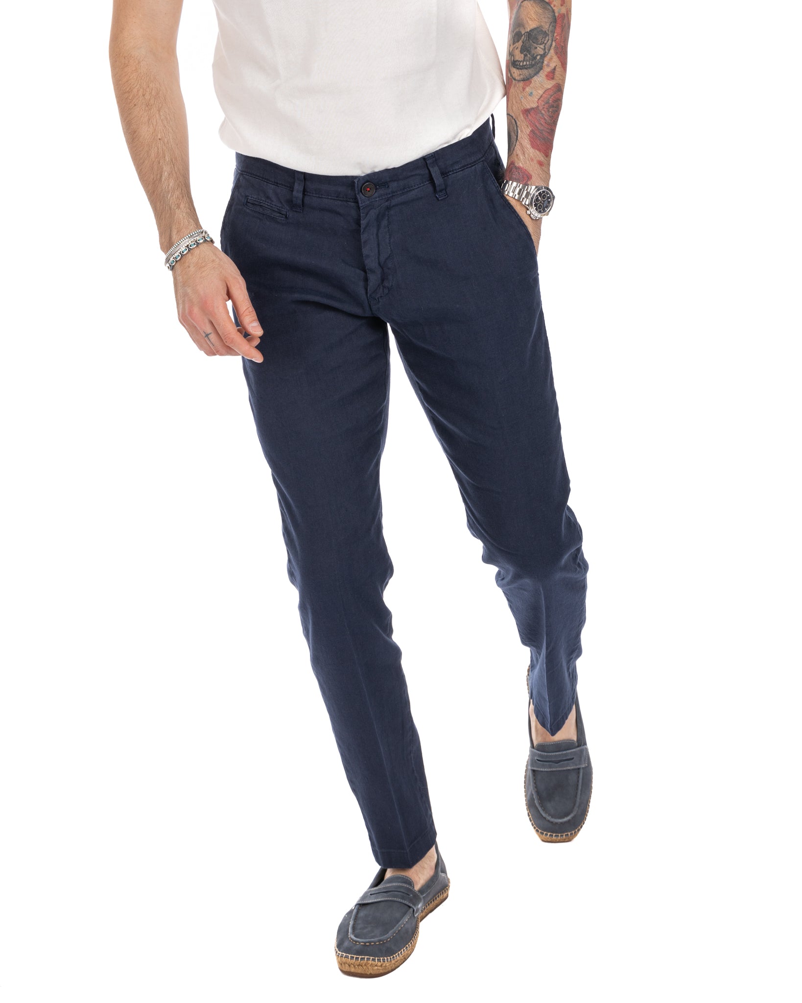 Didier - pantalone blu in lino stretch
