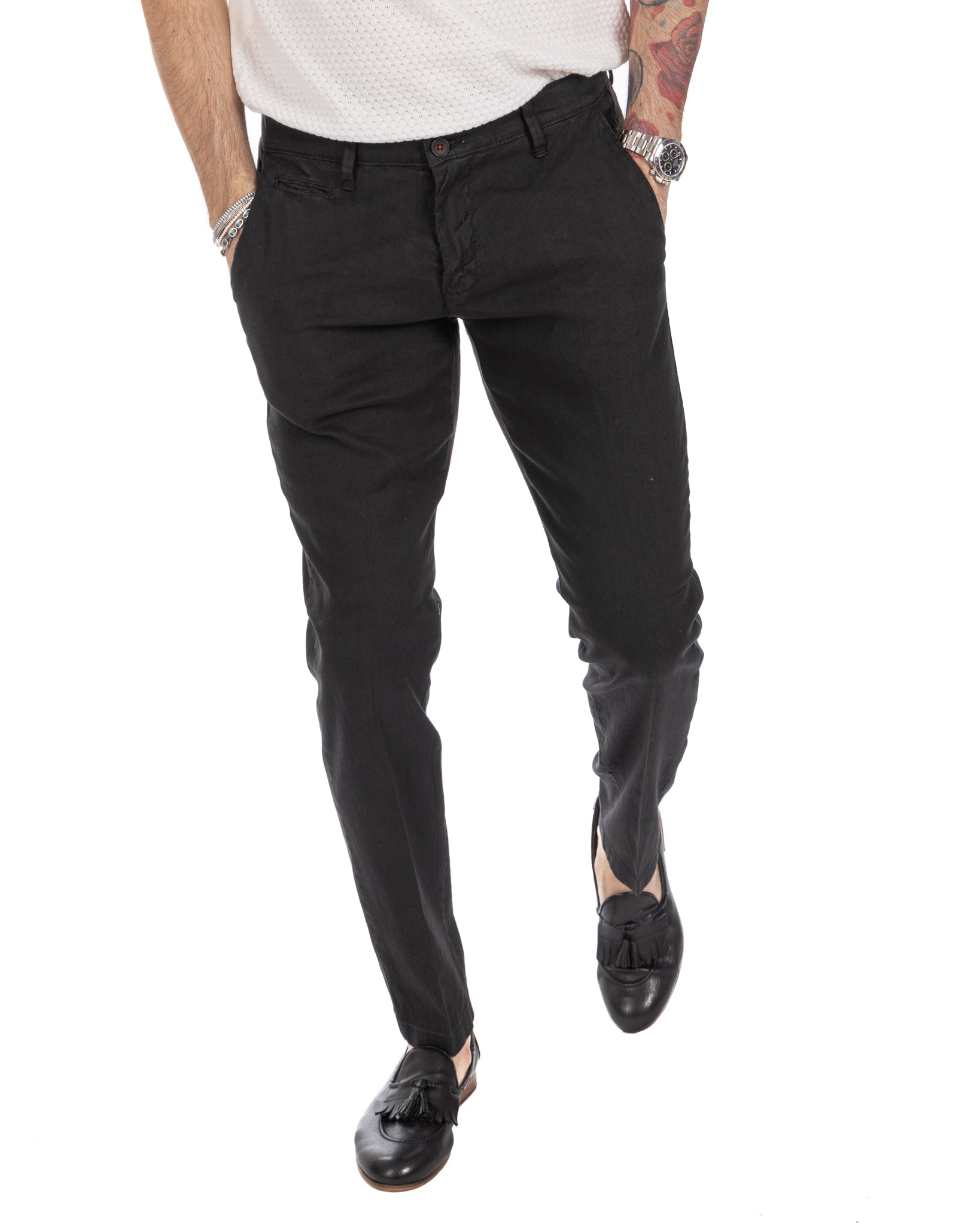 Didier - pantalone nero in lino stretch