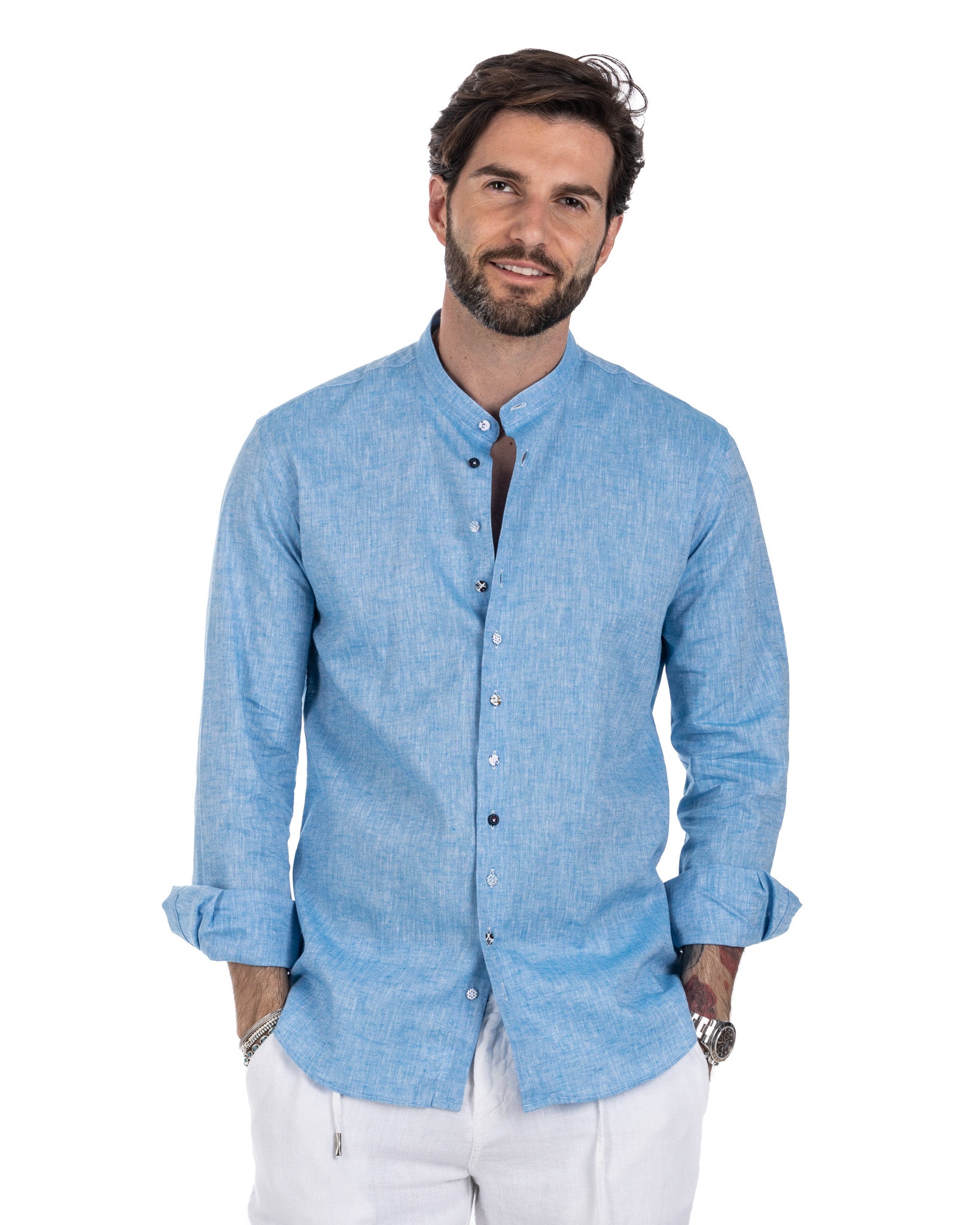 Positano - turquoise linen Korean shirt