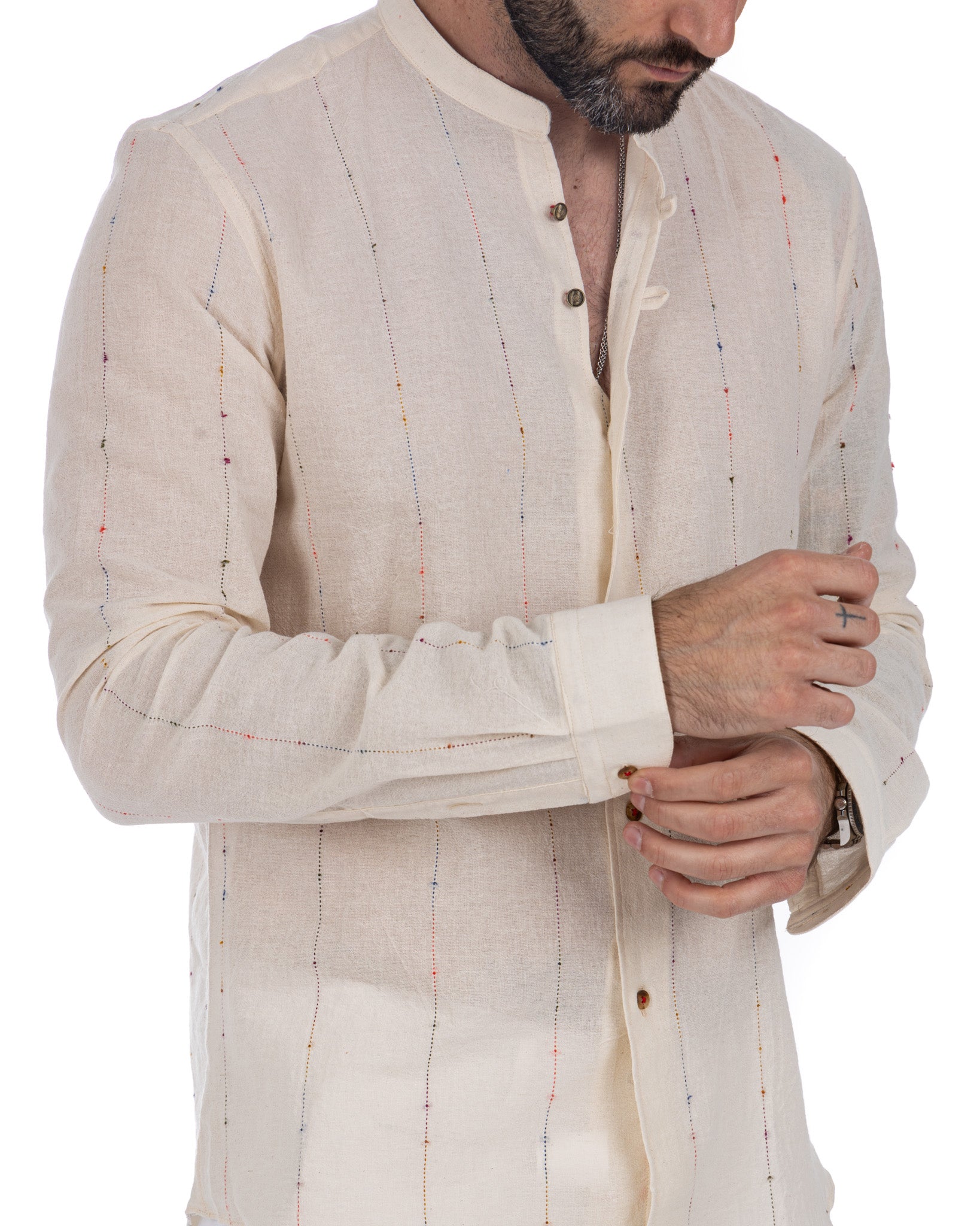Iride - Korean shirt with beige relief stripes