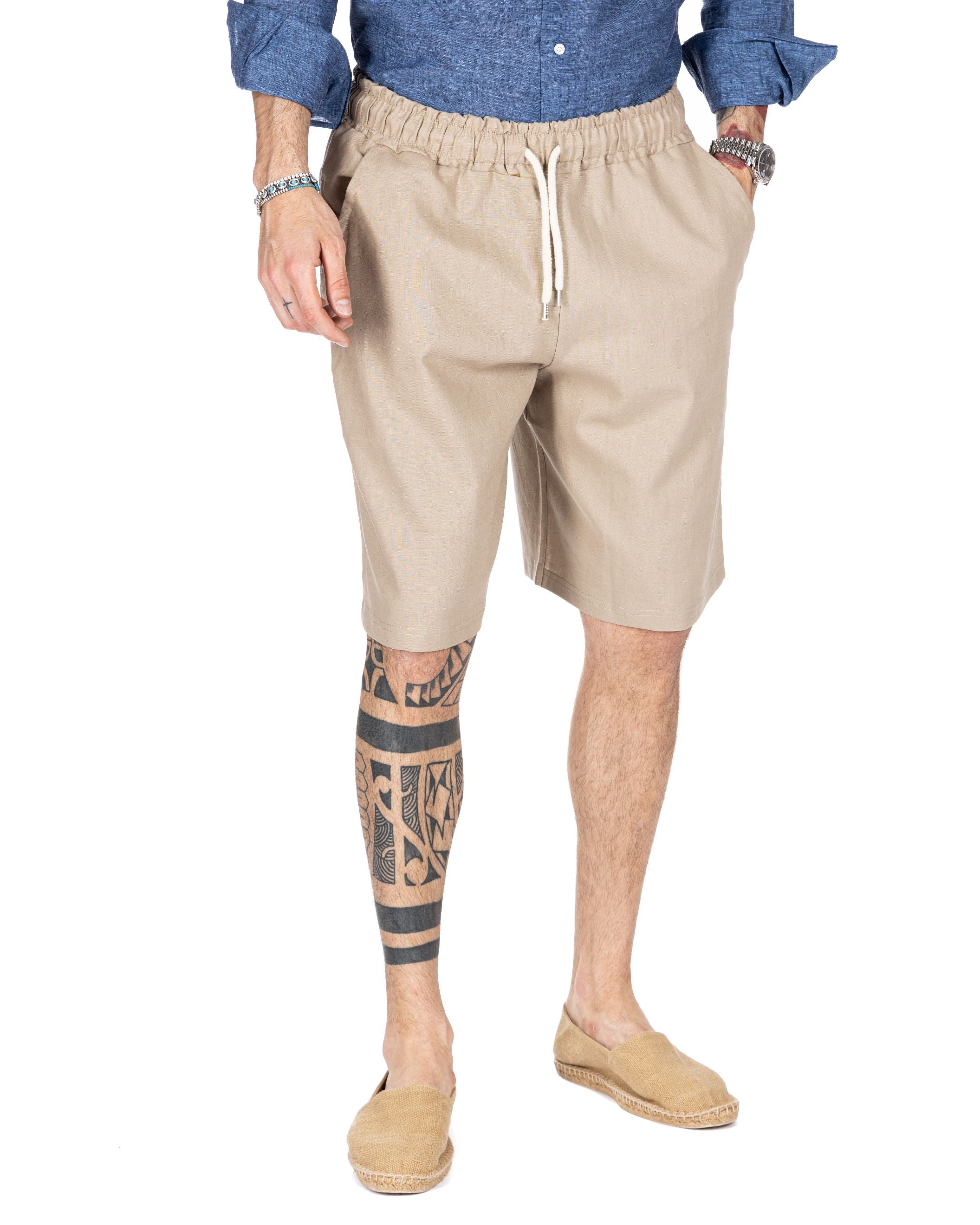 DANILO 2.0 - BEIGE LINEN BERMUDA SHORTS WITH ELASTIC