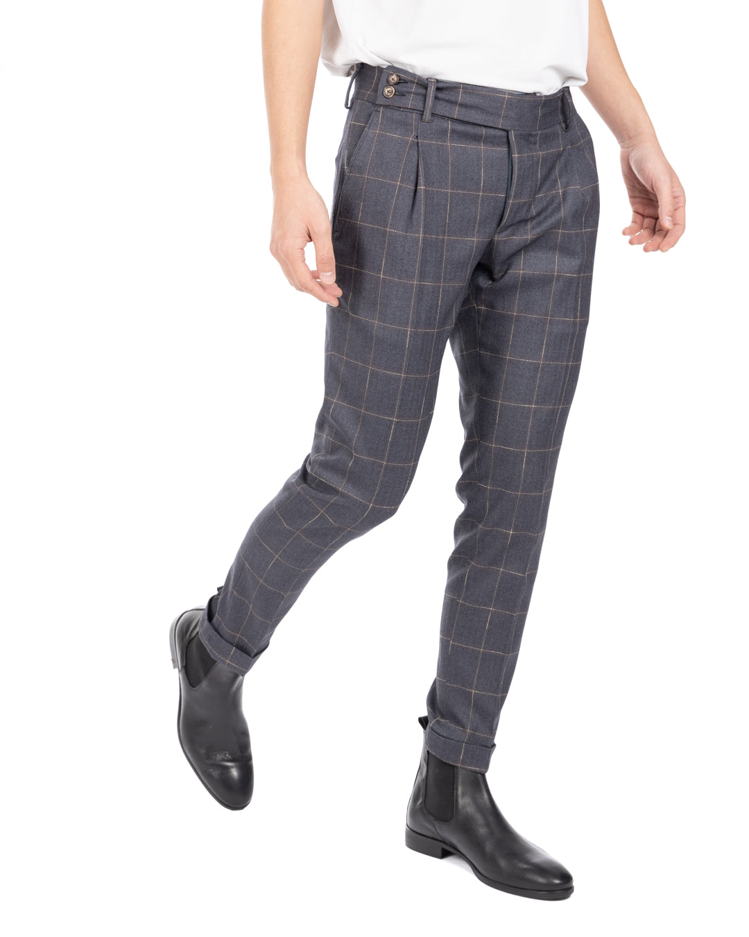 Italien - pantalon taille haute à carreaux gris