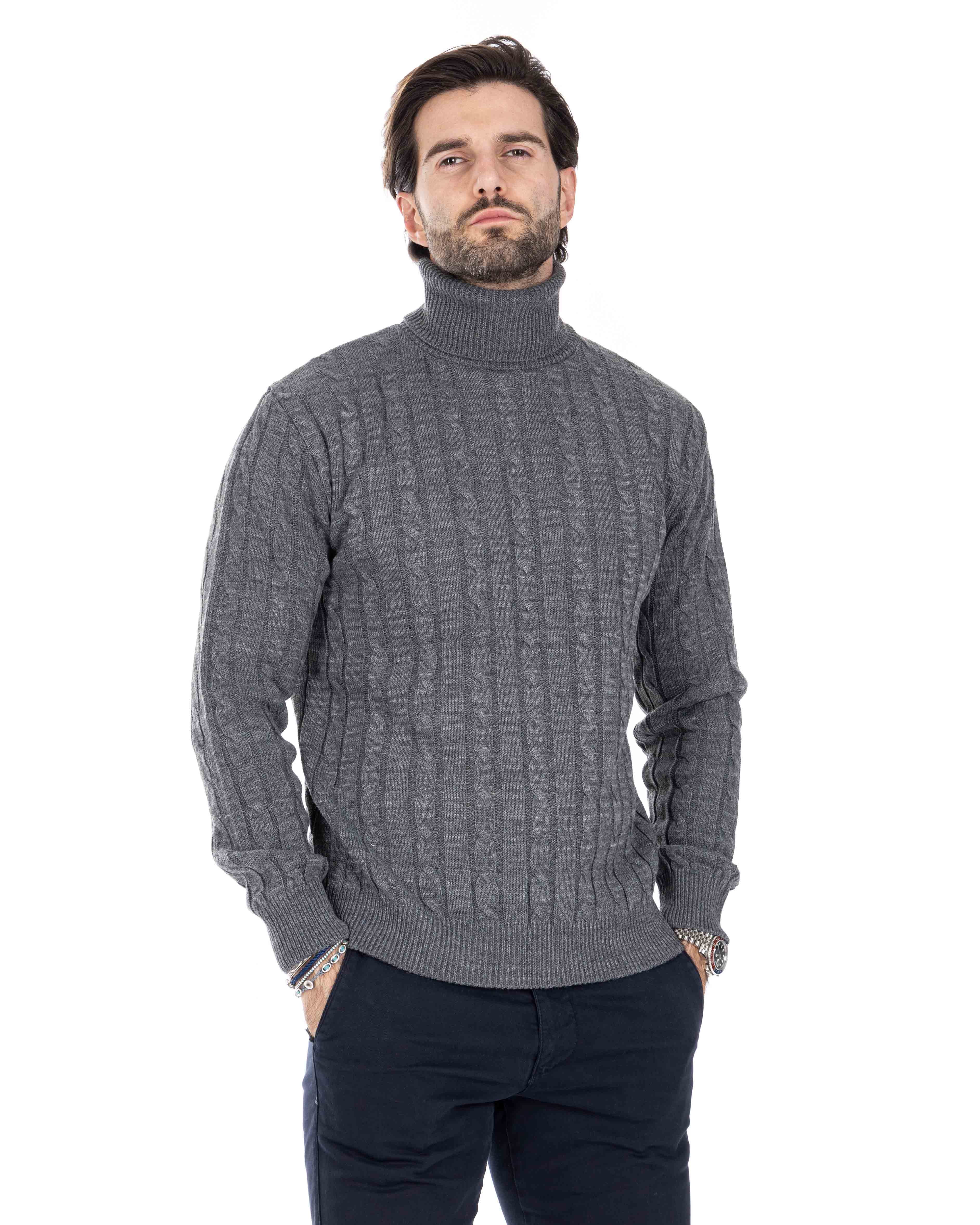Crovie - maglione grigio con trecce collo alto