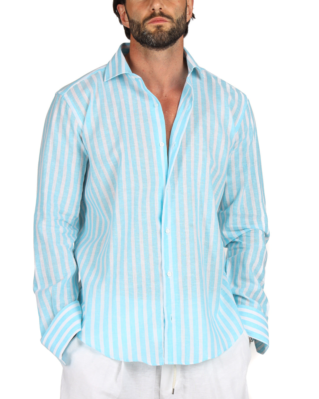 Procida - La chemise en lin classique larges rayures turquoise
