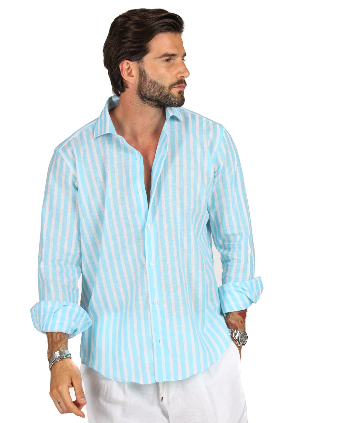 Procida - La chemise en lin classique larges rayures turquoise