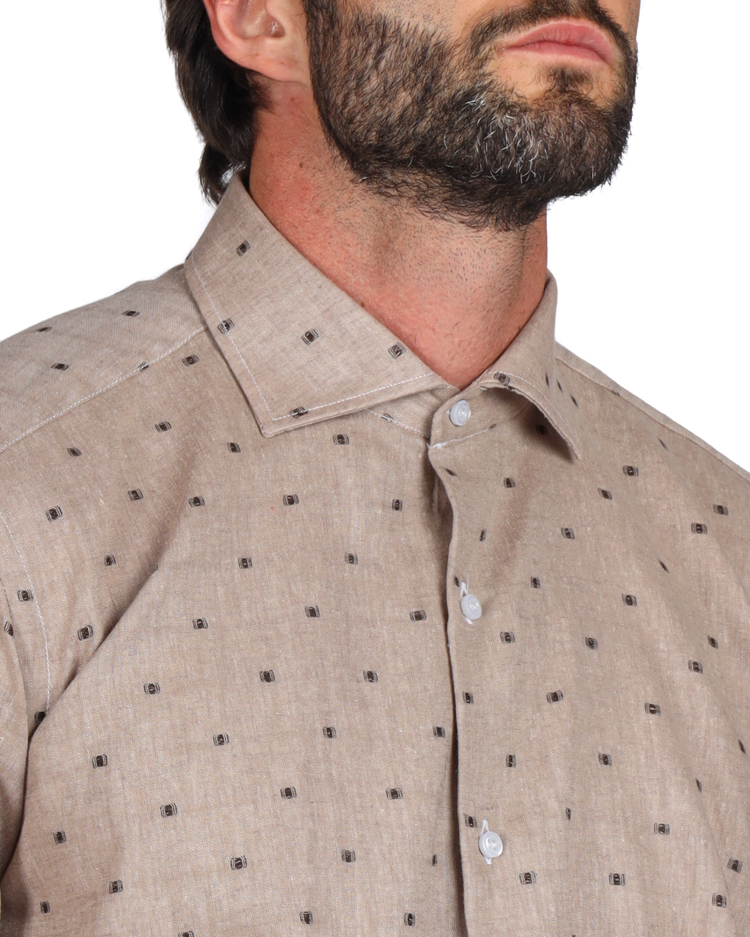 Salina - Camicia classica fango con ricami marroni in lino